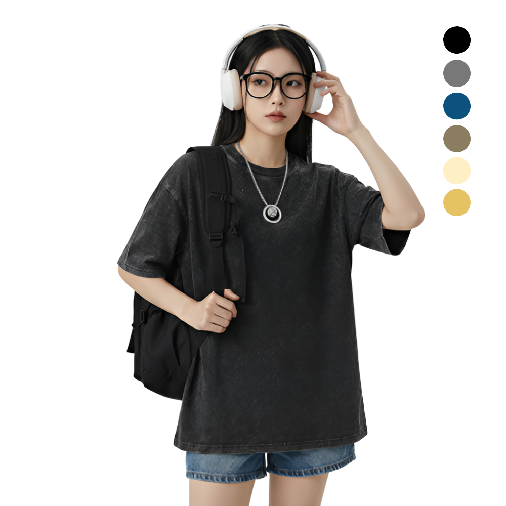 남성 어깨넓어보이는 오버핏 피그먼트 워싱 빈티지 반팔티 - 진베이지