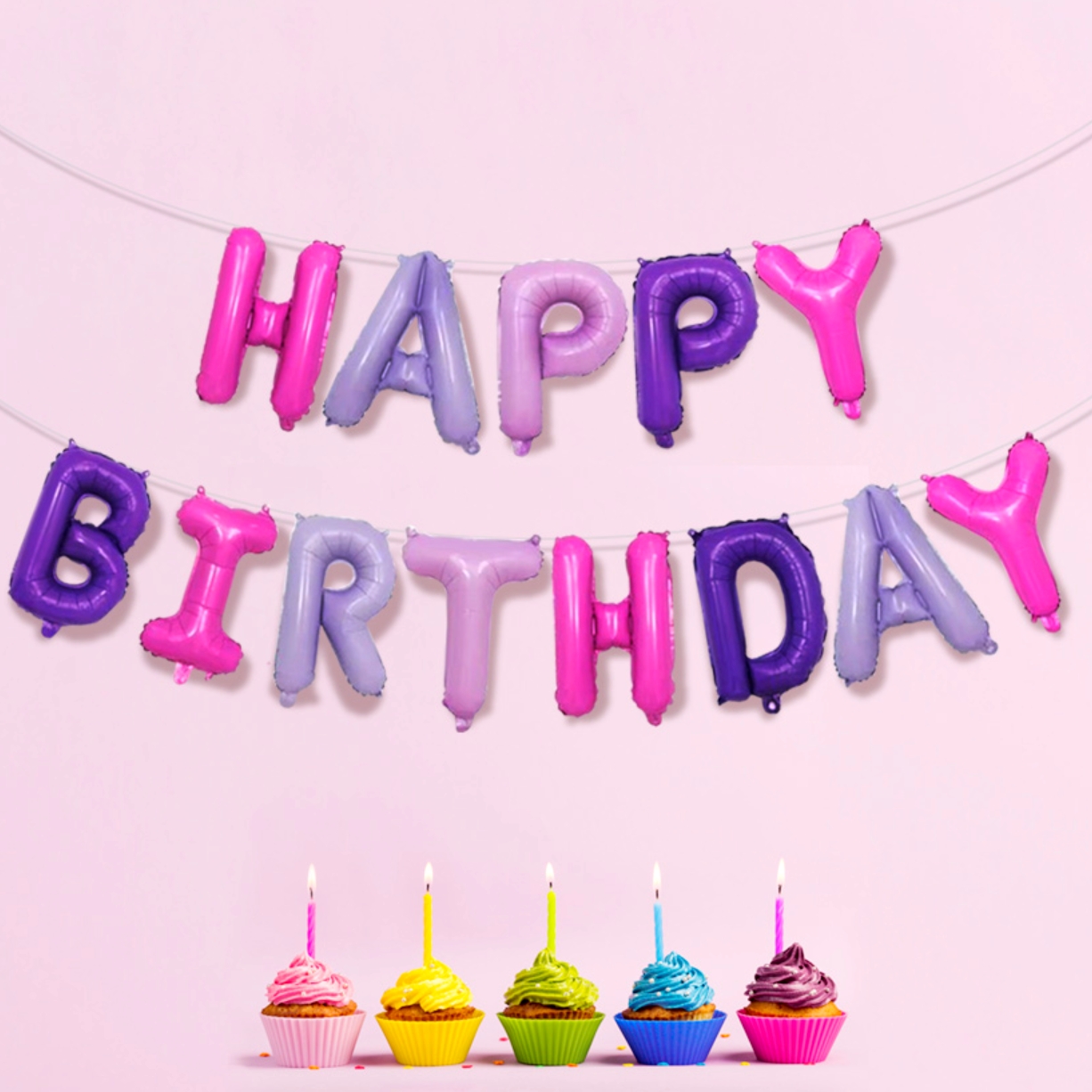 은박풍선이벤트장식생일축하가랜드 해피버스데이 퍼플핑크생일가랜드 - 상품 이미지