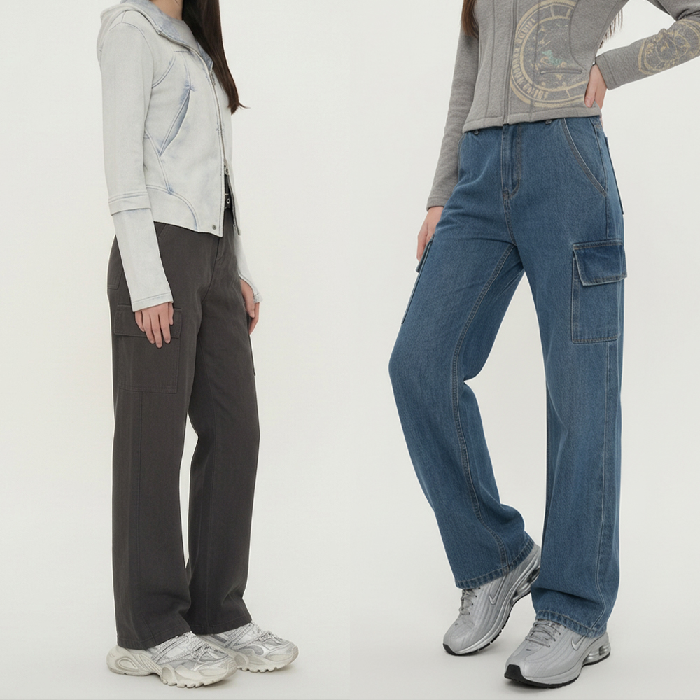 여성 코튼 카고 롱 와이드 팬츠 - 블루