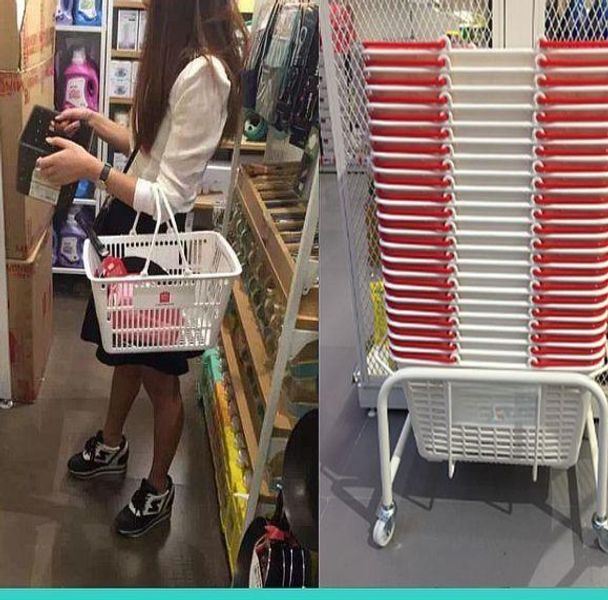 플라스틱 장바구니 화이트 쇼핑 편의점 마트 바구니 대형마트 접이식 슈퍼마켓 - 상품 이미지