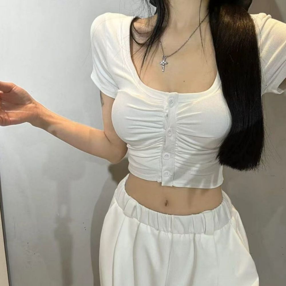 셔링 슬림 크롭 반팔티 HPC-1007806 - 블랙