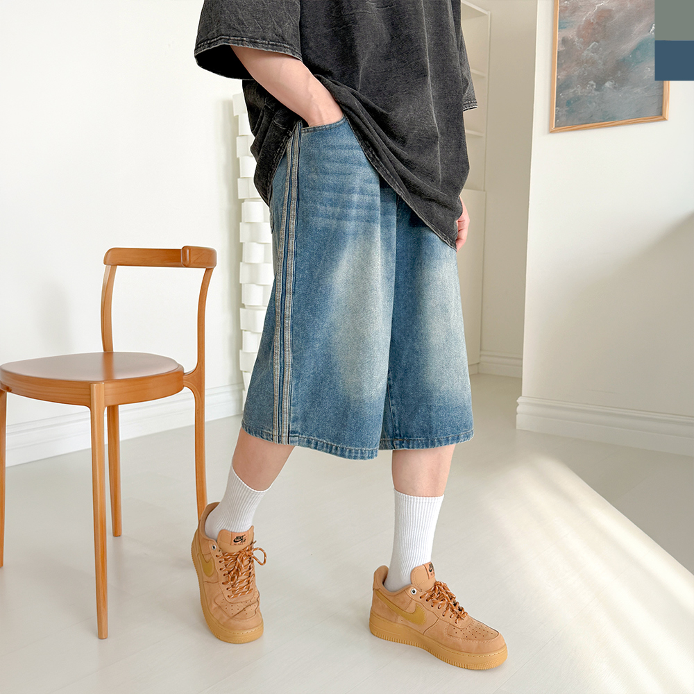 ACC 2010M 남자 두줄 라인 버뮤다 와이드 데님 반바지 - 머드진청