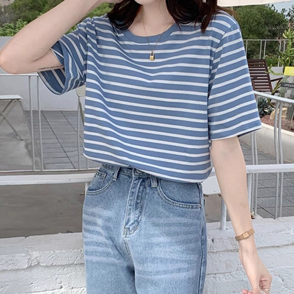 캐주얼 꾸안꾸 여성 라운드넥 단가라 스트라이프 반팔 데일리 티셔츠 - 그린