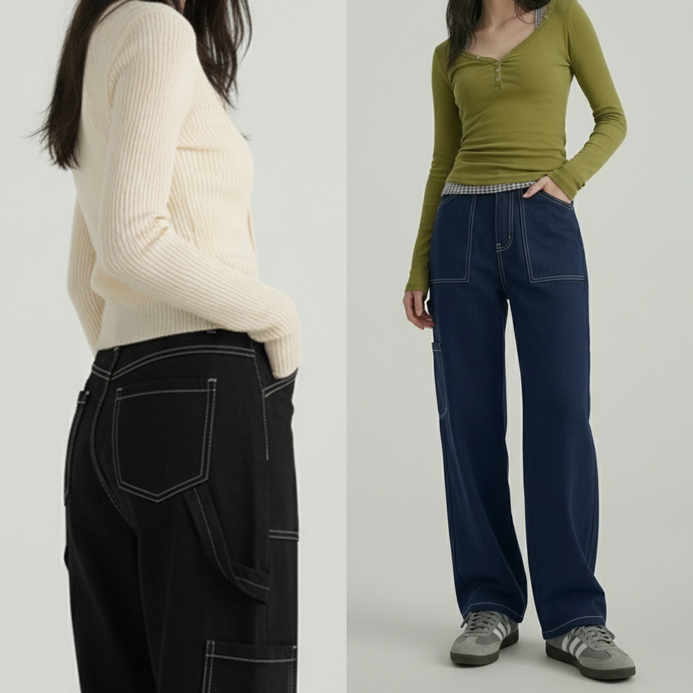 여성 스티치 카펜더 세미 와이드 데님팬츠 - 블랙