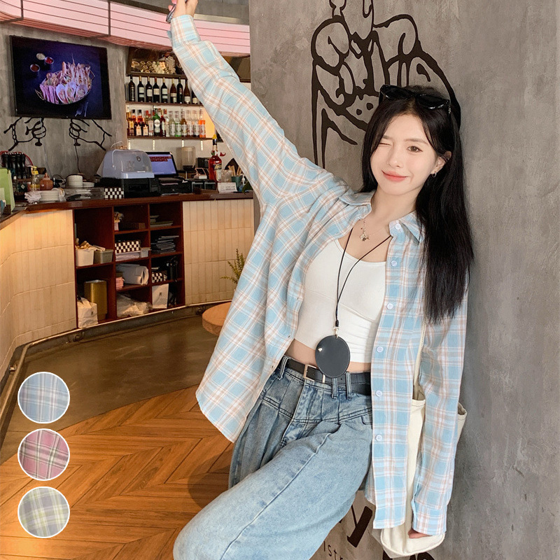 루즈핏 얇은 체크 셔츠 EL-1008184 - 그린