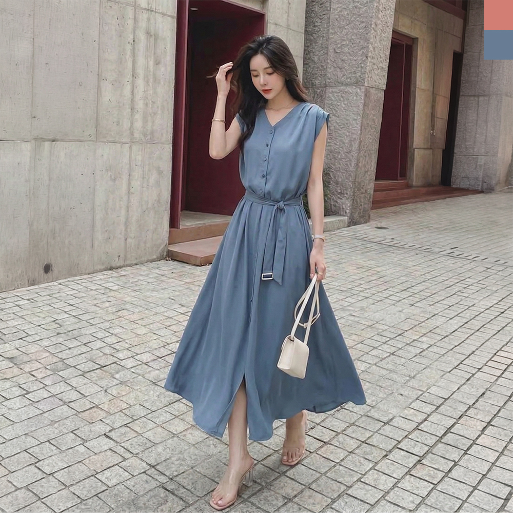 KAA 9006W 쉬폰 V넥 벨트 나시 롱 원피스 - 블루