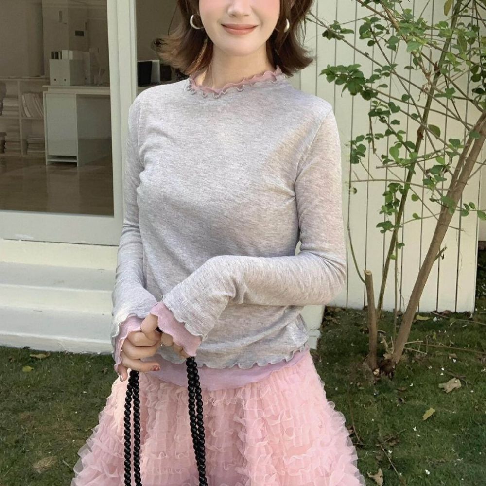 프릴 레이어드 긴팔티 - 그레이