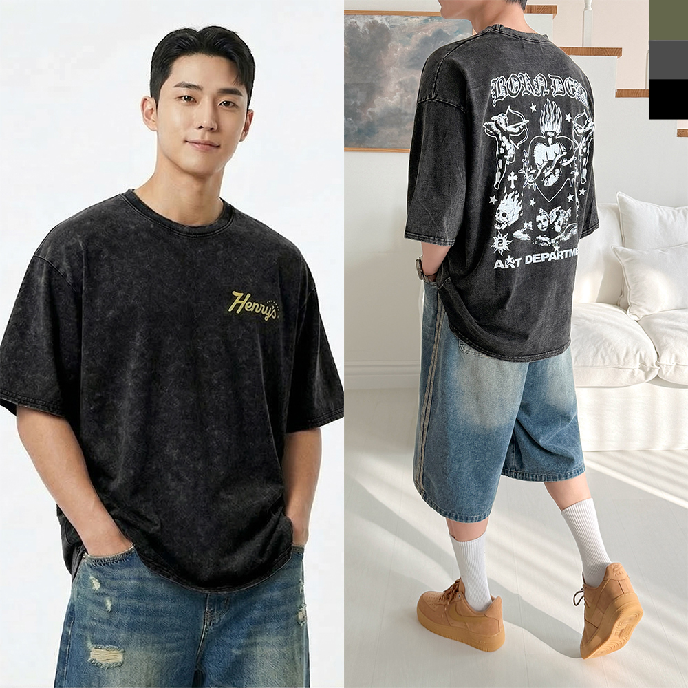 ACC 2006M 남자 빈티지 워싱 레터링 반팔 티셔츠 - 그레이