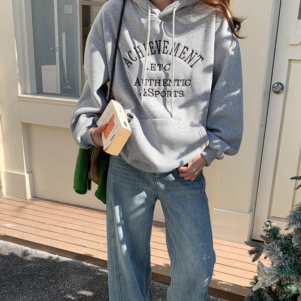 커플 영어 오버핏 후드티 긴팔 티셔츠 여성 데일리룩 - 딥그레이