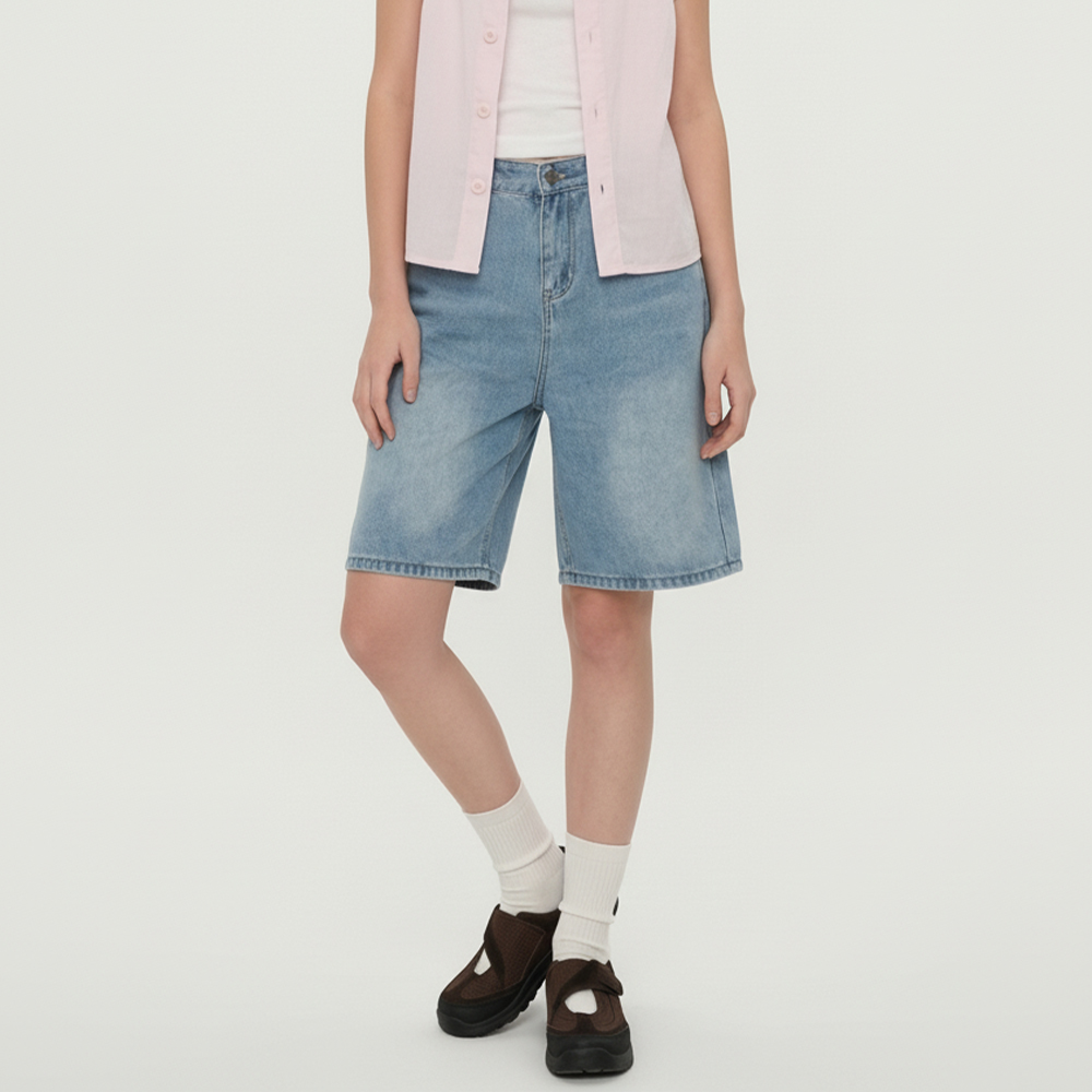JEB-1007377 루즈핏 A라인 여성 데님 5부 반바지 - 블루