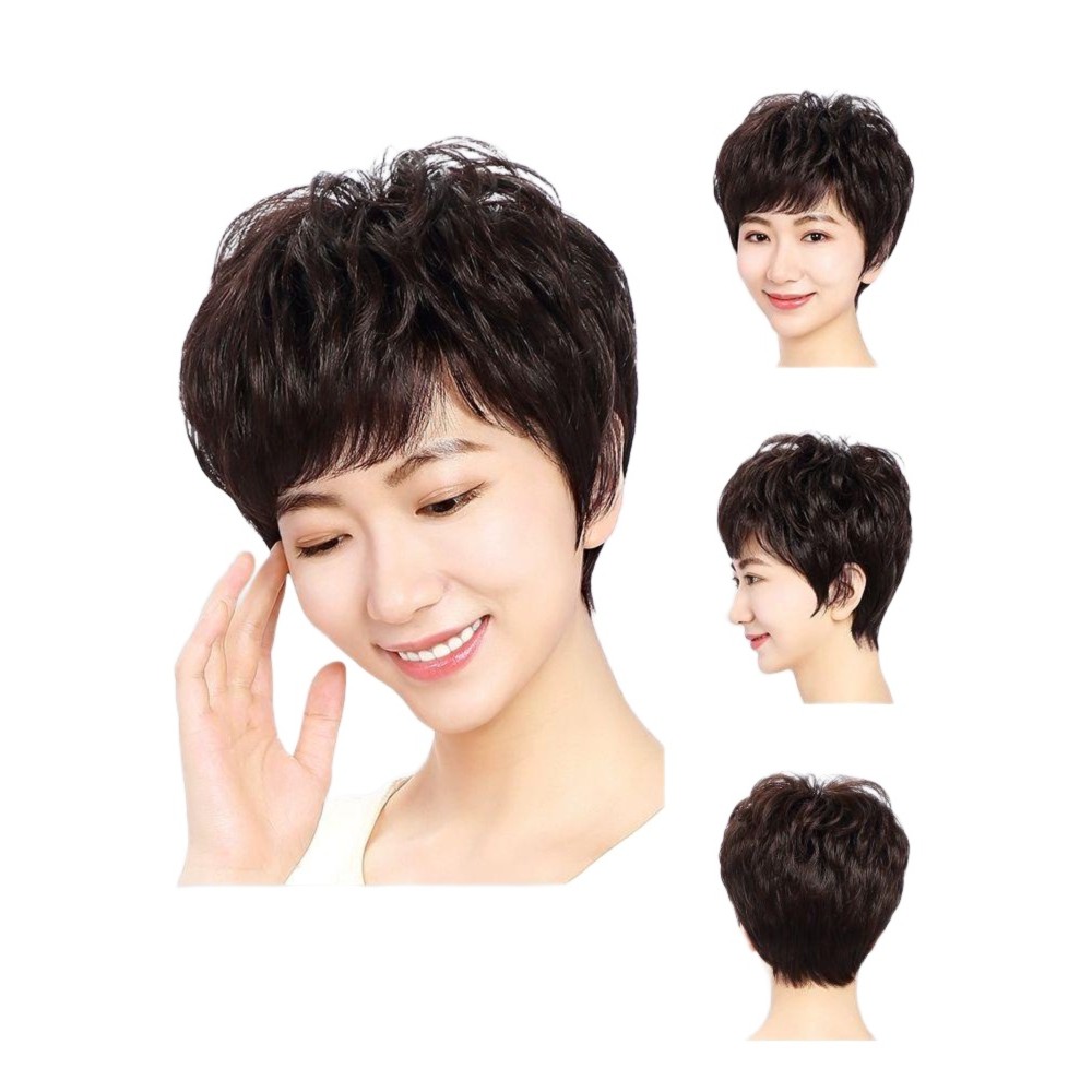 중년 가발 숏컷 통가발 단발 자연스러운 여성용 인모 헤어 항암가발 정수리 여자 여자가발 - 상품 이미지