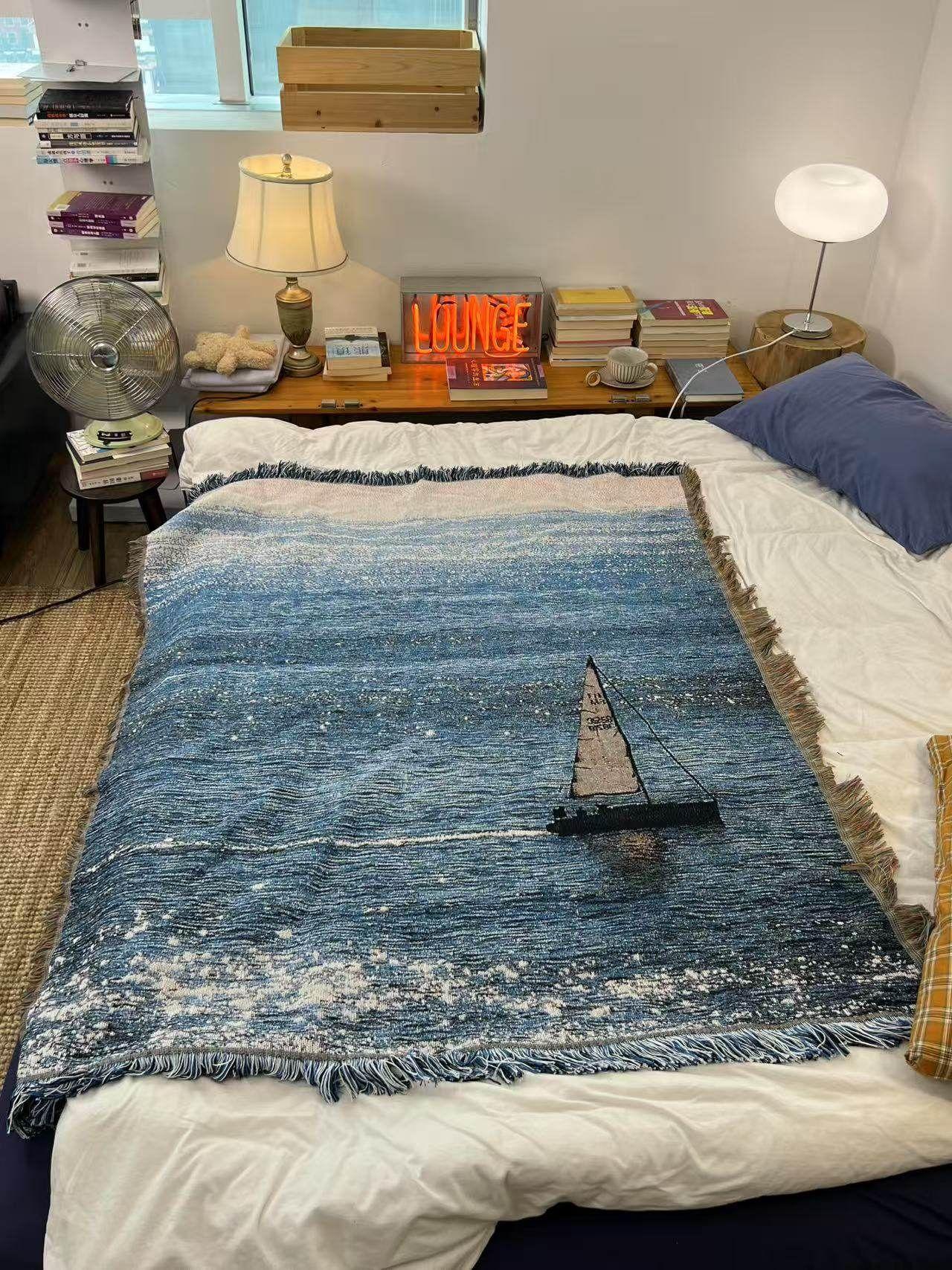 가라 대형 바다 풍경 니트 벽걸이 소파 침대 데코 세일링 세일링 라인 담요 100x140cm A - 상세 이미지 2
