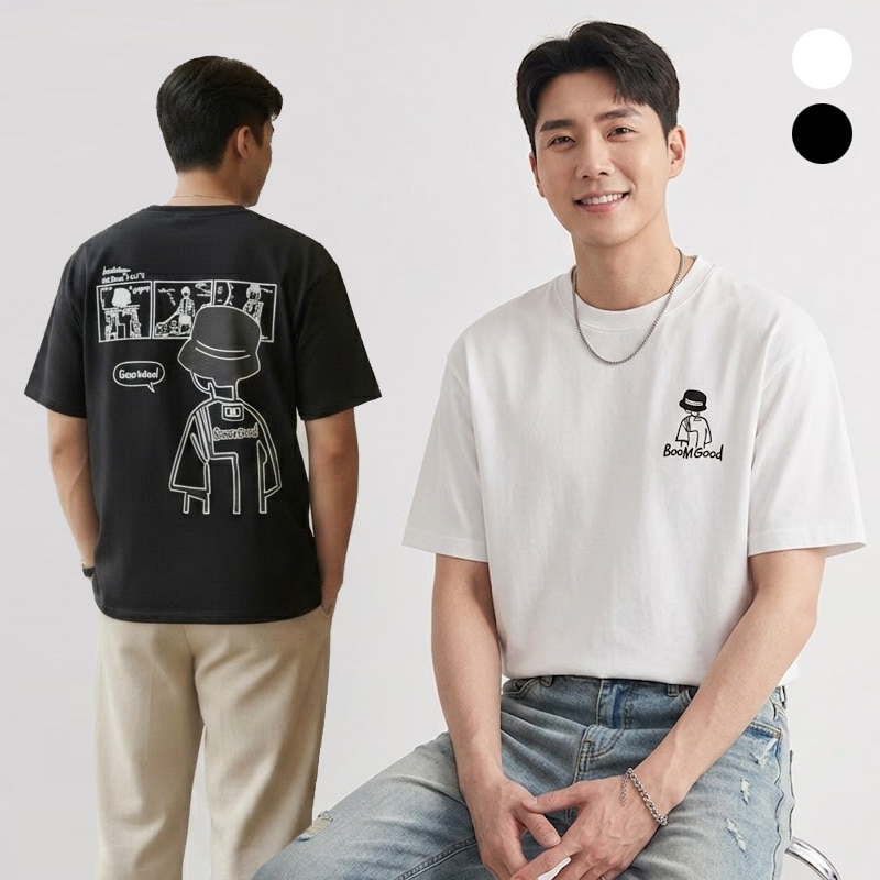 남성 부드러운 면티 만화그래픽 등포인트 면반팔티 - 블랙