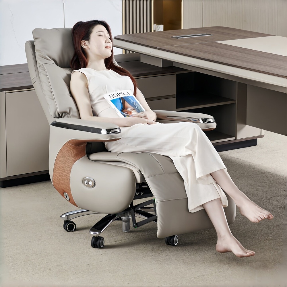 가죽 컴퓨터 사무실 중역용 인체공학 등받이 각도조절 발받침 전동 리클라이너 침대형 편안한 - 상세 이미지 5