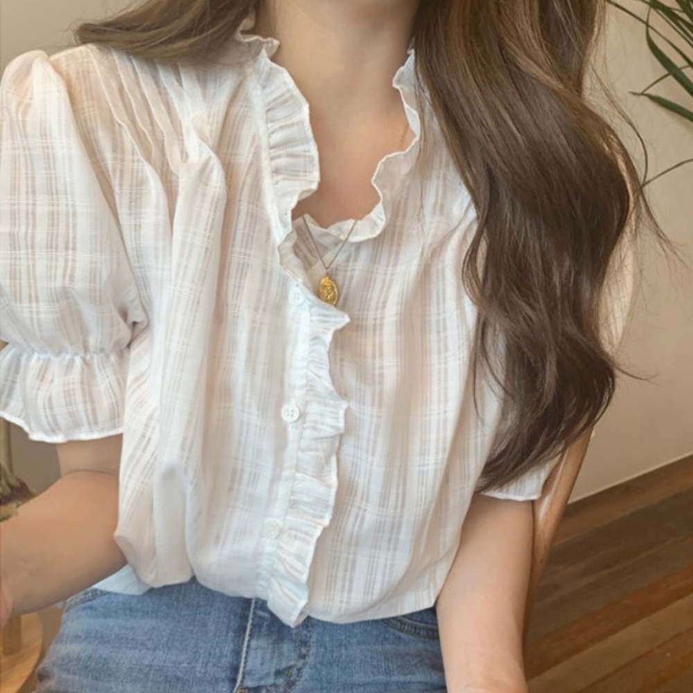 여름 여성 반팔 프릴 블라우스 데이트 외출 오피스룩 여성복 - 화이트