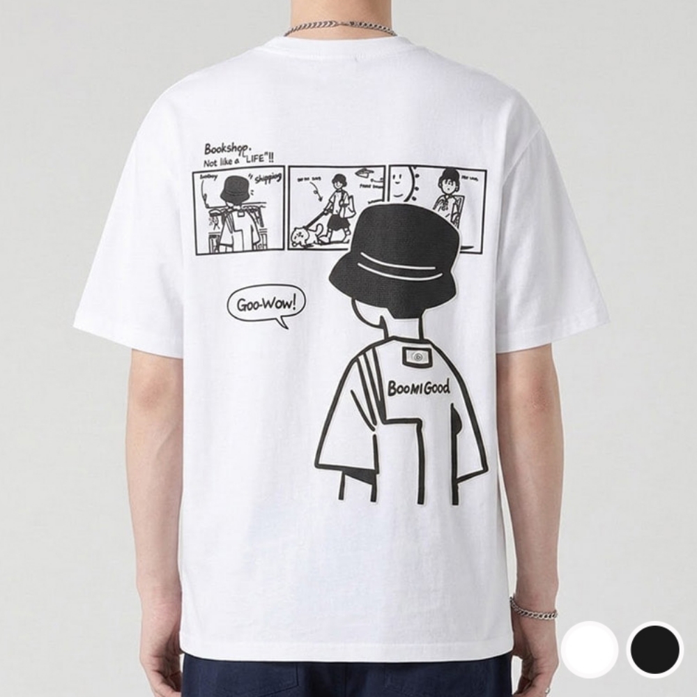 귀여운 만화 레터링 포인트 라운드넥 데일리 남성 반팔 티셔츠 - 블랙