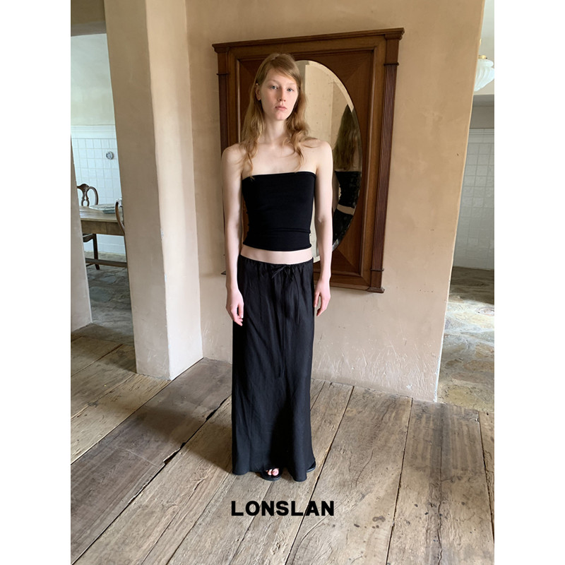 LONSLAN 론슬란 화이트 롱스커트 린넨 여성 봄 여름 스트링 h라인스커트 - 상세 이미지 2