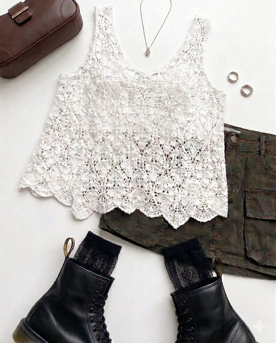 빈티지 크로셰 펀칭 레이스 A라인 니트 나시 - 베이지