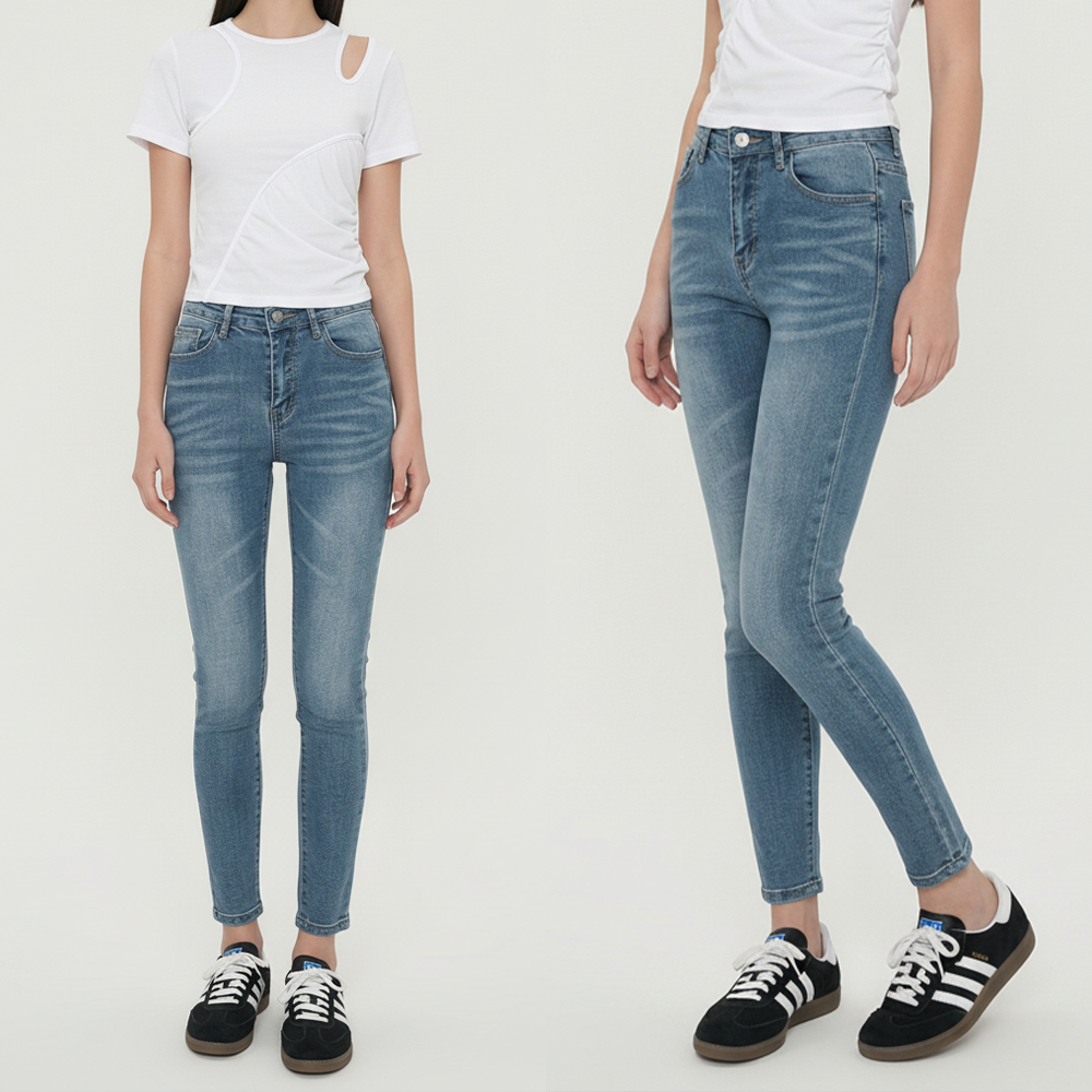 여성 하이웨스트 히든밴딩 슬림 데님 스키니팬츠 - 블루