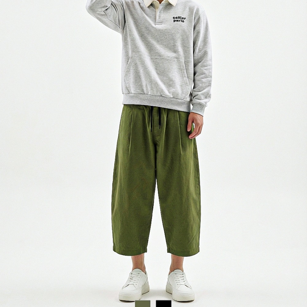 남자 밴딩 팬츠 벌룬핏 와이드 캐주얼 바지 - 카키