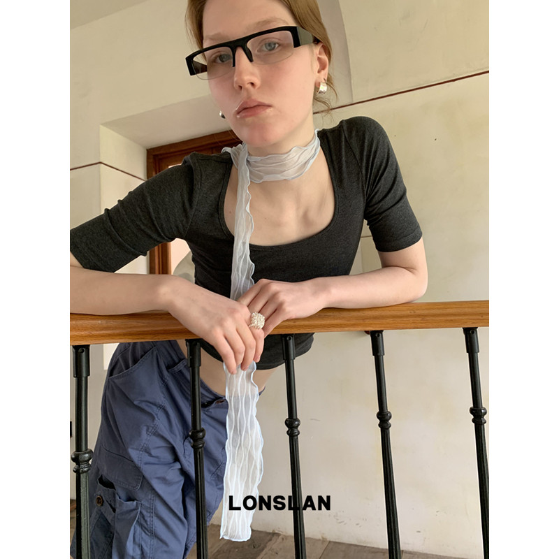 LONSLAN 론슬란 여성반팔티셔츠 스퀘어넥 반팔 슬림핏 봄 여름 티셔츠 - 상세 이미지 3