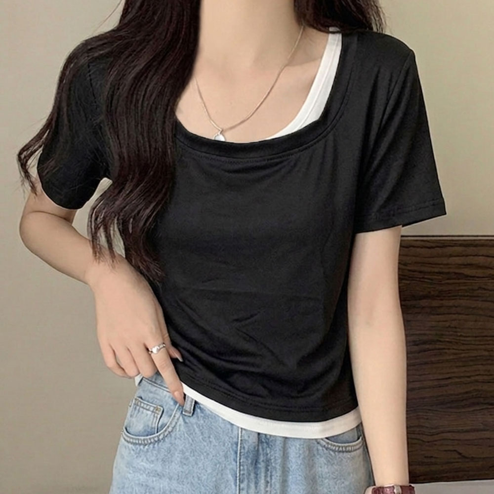 사선 이중 레이어드 반팔 티셔츠 LM-0895 - 아이보리