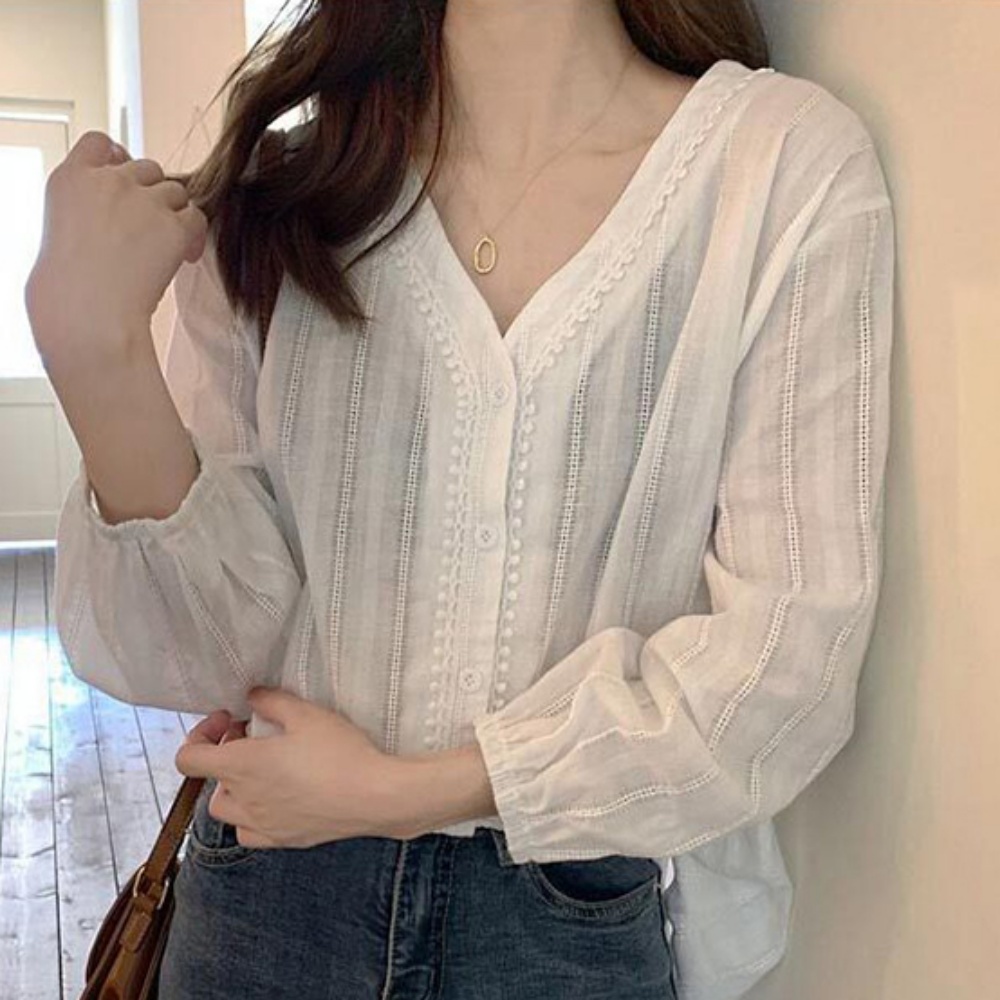 캐주얼 여성 브이넥 긴팔 블라우스 - 화이트