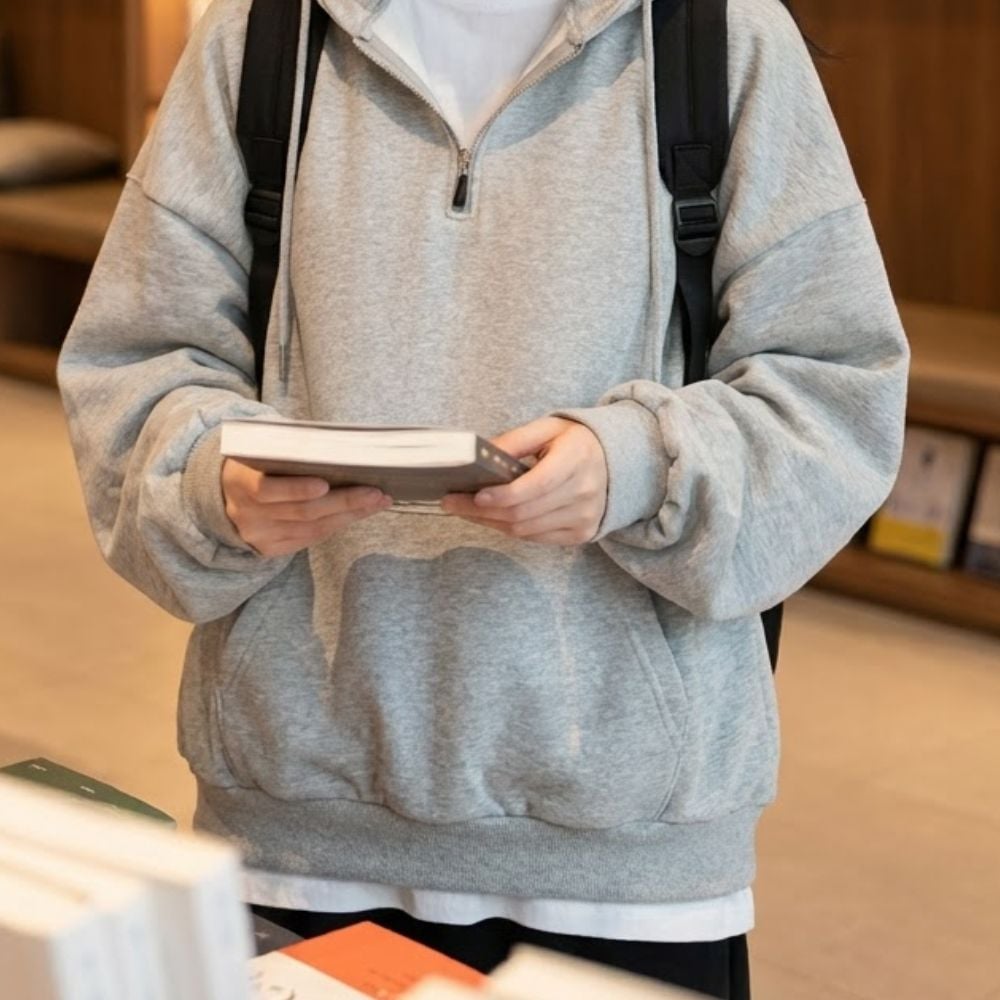 여자 상의 긴팔 티셔츠 지퍼 기모 오버핏 후드티 봄 - 연그레이