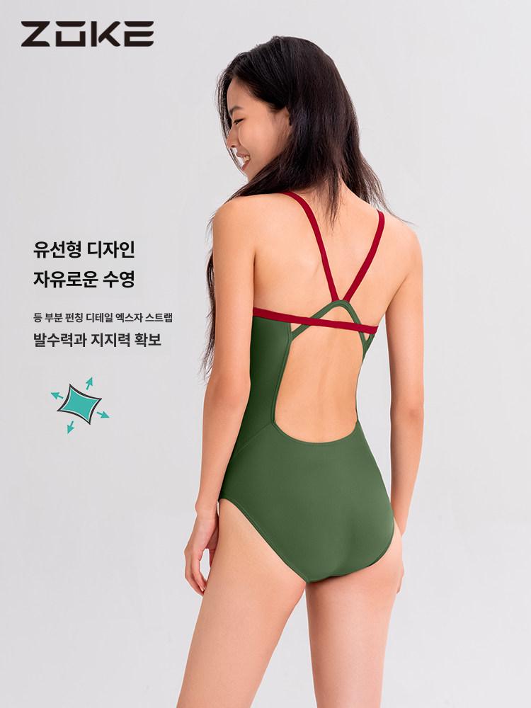 여성용 원피스 수영복 카키 심플 카키색 더블크로스백 비치 강습 비키니 모노키니 세트 실내 - 상세 이미지 5