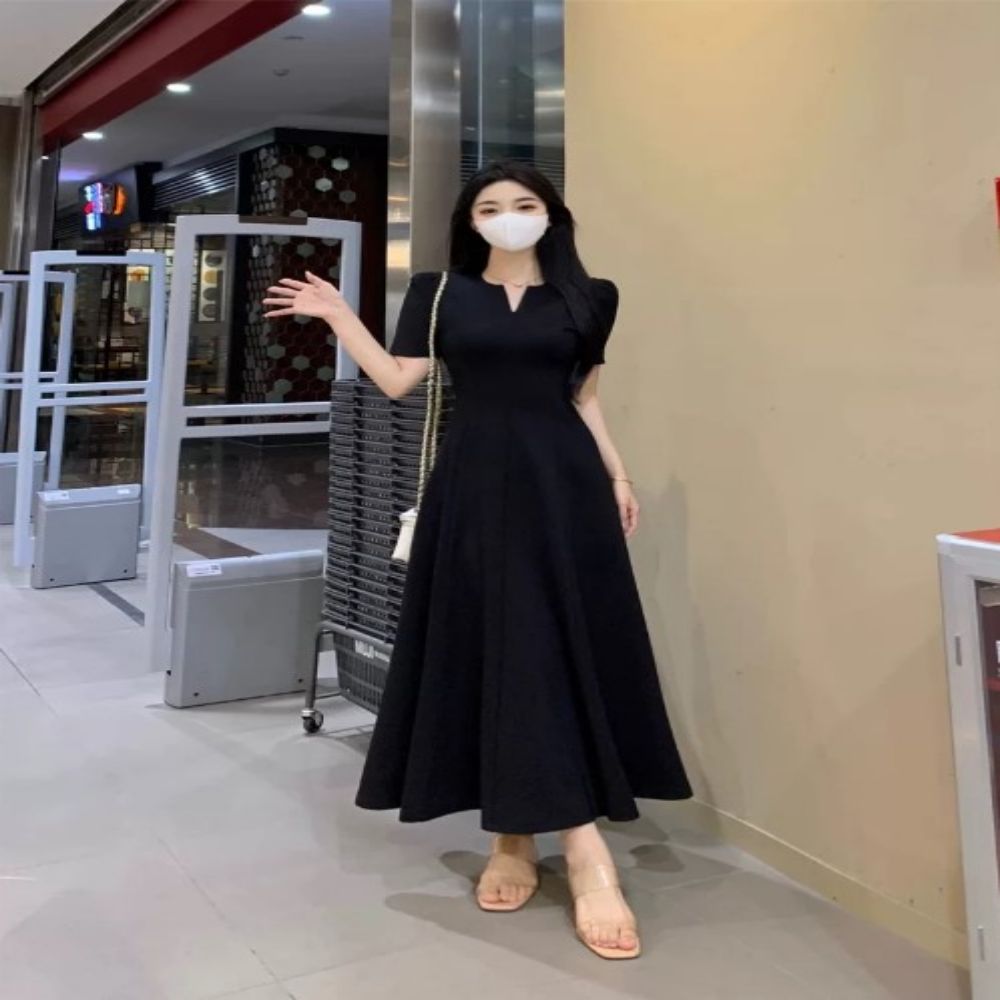 SEG-1008129 롱원피스 브이넥 슬림핏 프렌치 - 블랙