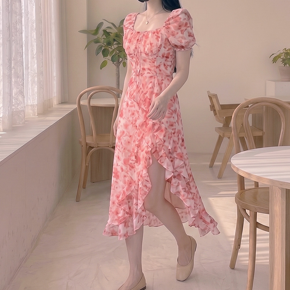 핑크 플라워 퍼프 원피스