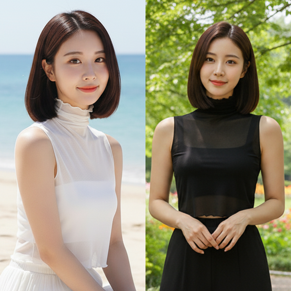 시스루티셔츠 레이스 레이어드티 포인트 반목 이너 티셔츠 나시 민소매 - 블랙