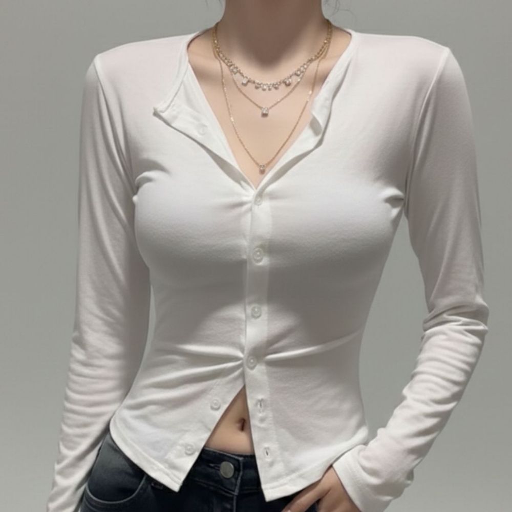 단추 슬림핏 셔츠 가디건 티셔츠 - 그레이