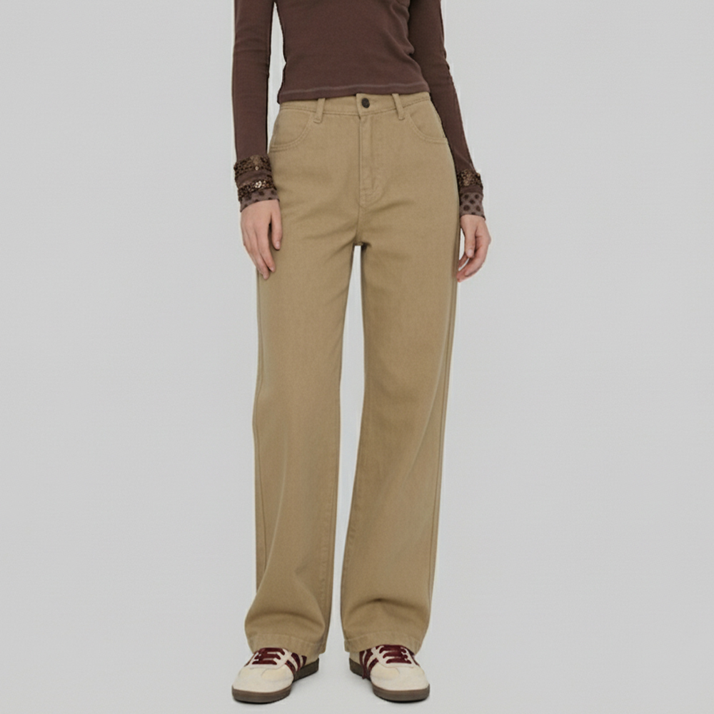 JEB-1007371 코튼 하이웨스트 여성 세미와이드 롱팬츠 - 베이지