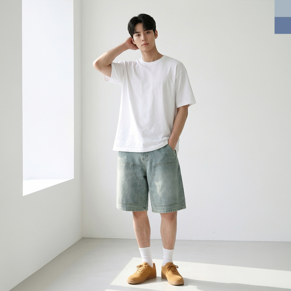 ACC 2008M 남자 워싱 패치 버뮤다 밴딩 데님 반바지 - 머드중청