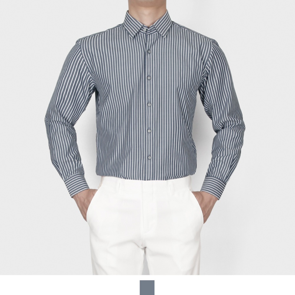 남자 스트라이프 셔츠 긴팔 베이직 카라 데일리 남방 - 연그레이