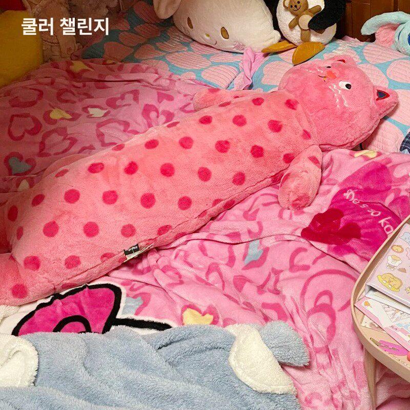 고양이 인형 롱쿠션 핑크 플러시 귀여운 선물 애착 필로우 긴베개 토끼 강아지 베개 침대 - 상세 이미지 2