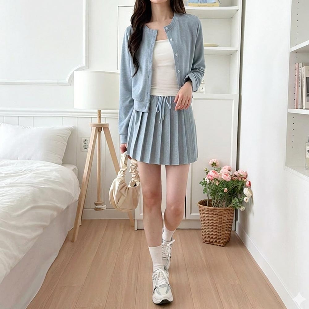 모던 플리츠 러블리 스커트 가디건 세트 DJJ-ACC-2004W - 그레이