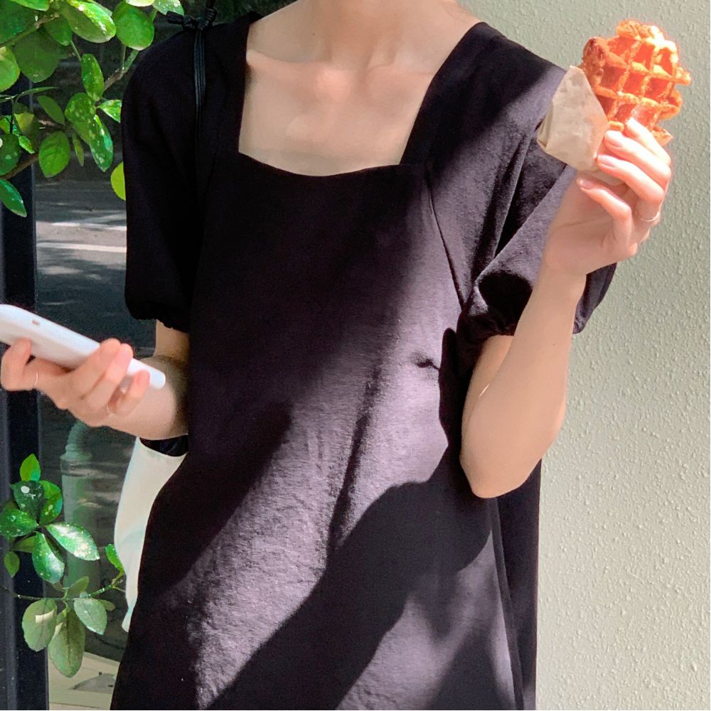 뒷리본 밴딩 포인트 스퀘어넥 원피스 UJS-068 - 진베이지