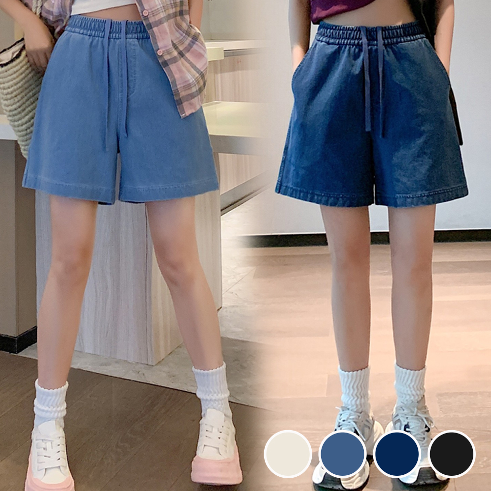 허리 밴딩 4가지 색상 와이드 핏 5부 여름 데님 면 여성 반바지 - 연청