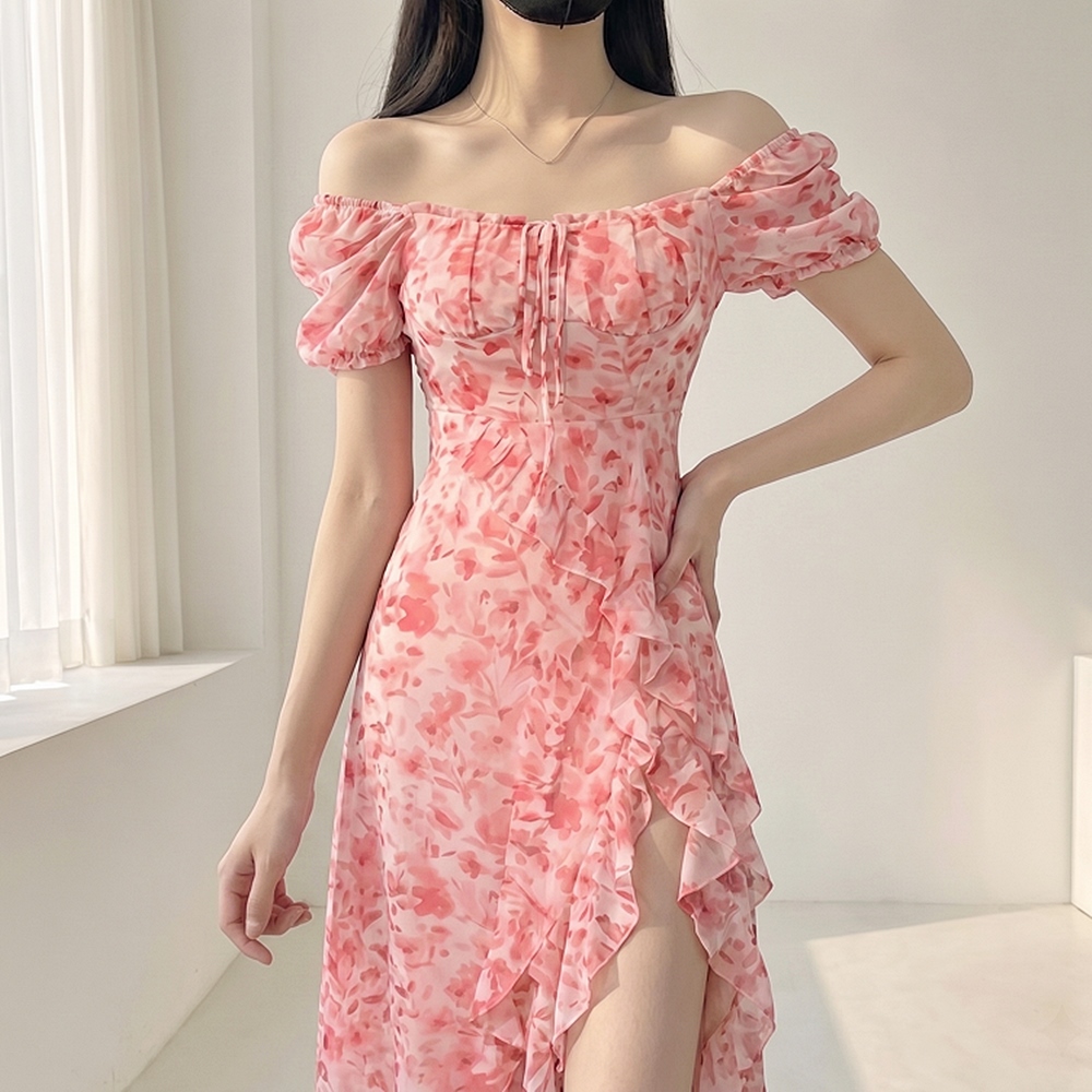 DA-1008074 플라워 퍼프 원피스 핑크