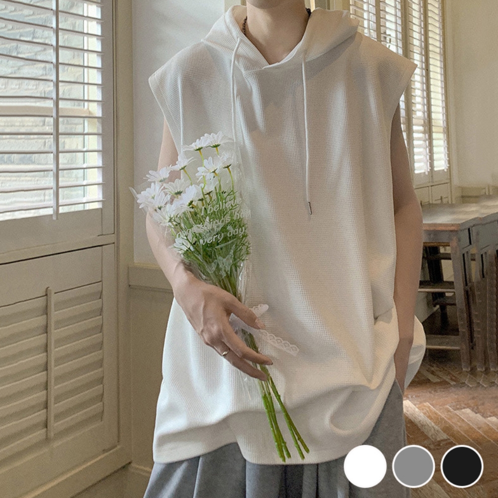 루즈핏 부드러운 와플 원단 데일리 후드 남성 민소매 티셔츠 - 블랙