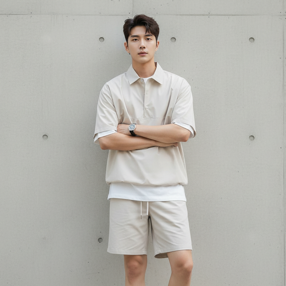 남자 여름 반팔반바지세트 트레이닝 아노락 셋업 세트 5부 반바지 - 블랙