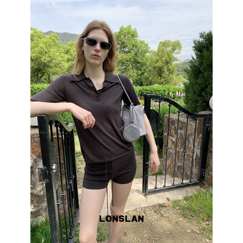 LONSLAN 론슬란 여성니트 여름 폴로넥 반팔 니트티 반바지 투피스 셋업 여름세트 - 상품 이미지