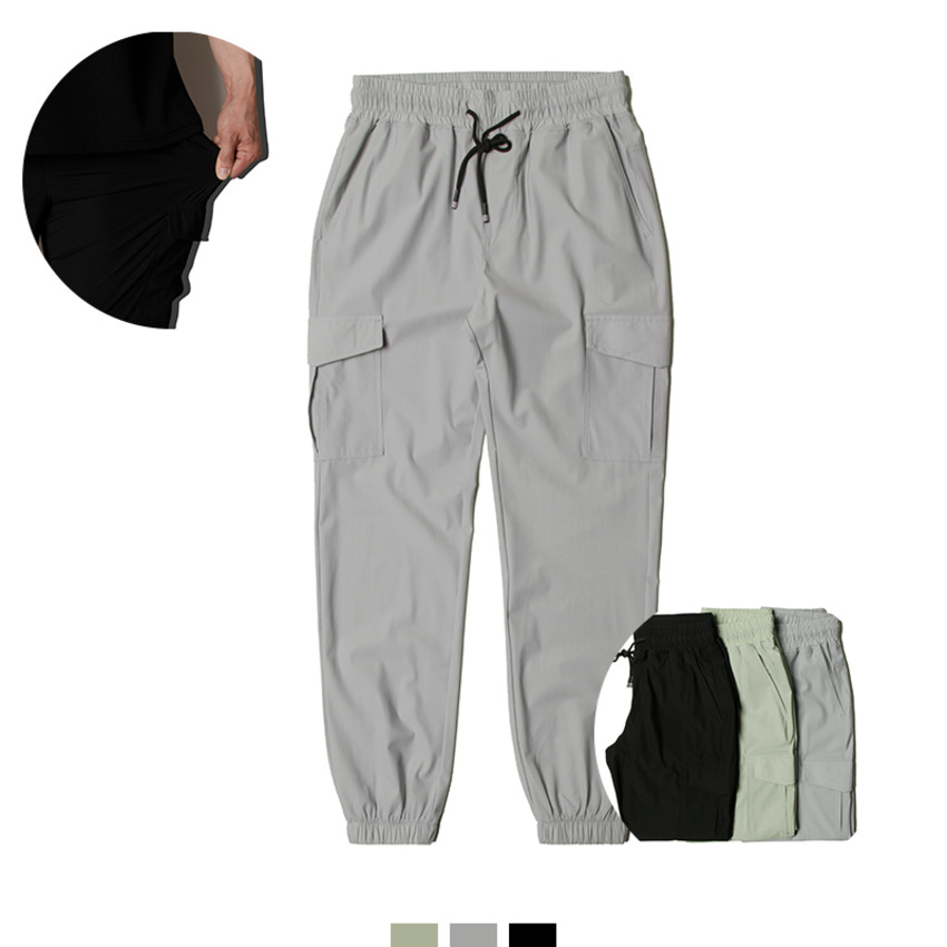 남성 쿨소재 조거팬츠 스판 밴딩 카고바지 여름 데일리 팬츠 - 블랙