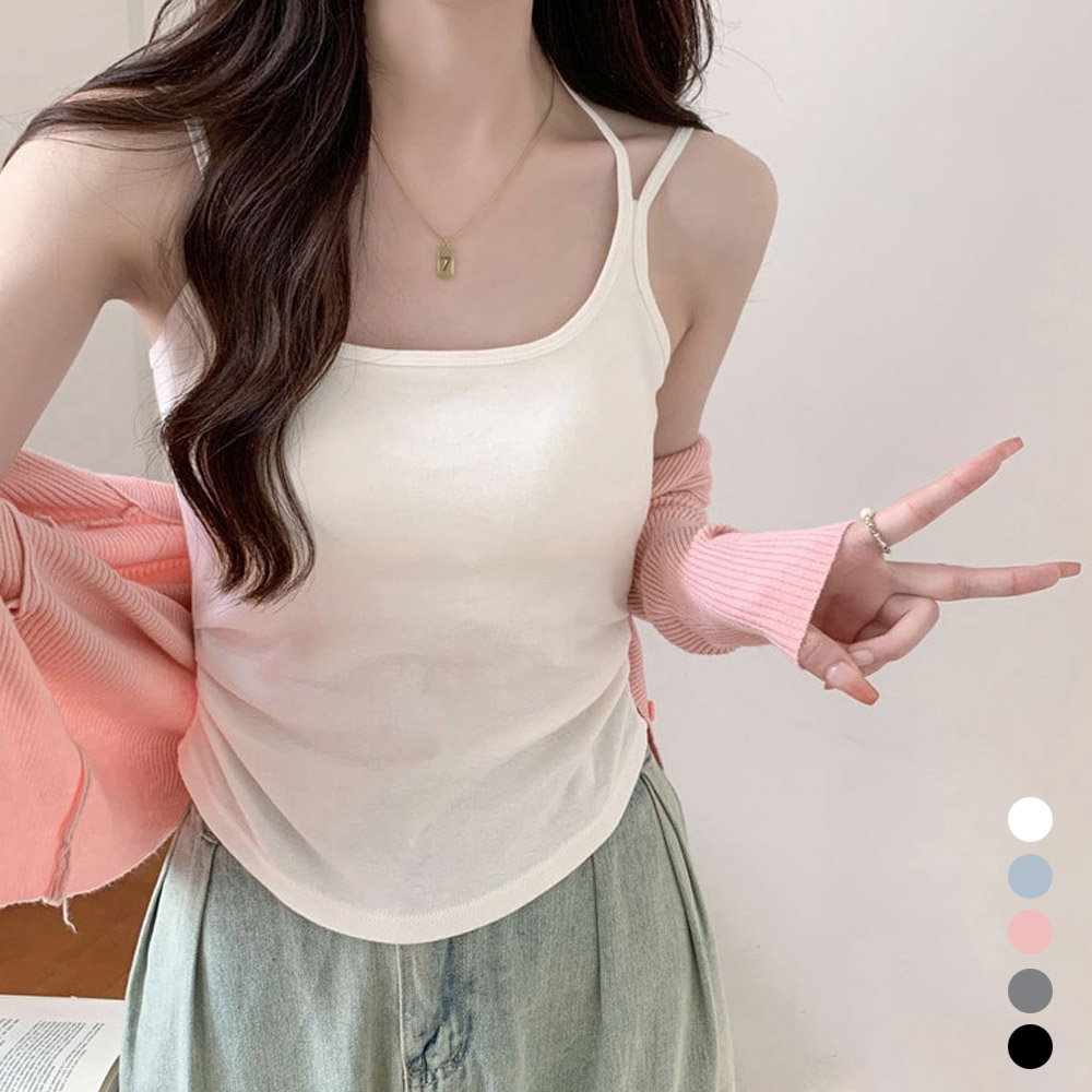 여성 여름 이너 두줄 어깨 라인 허리 셔링 캡내장 예쁜 민소매 나시 - 핑크