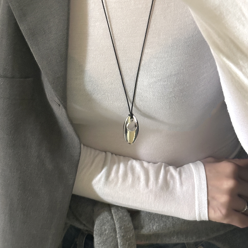오벌 스톤 포인트 90cm 롱 목걸이 가죽끈 길이조절 데일리 심플 레이어드 - 상세 이미지 2