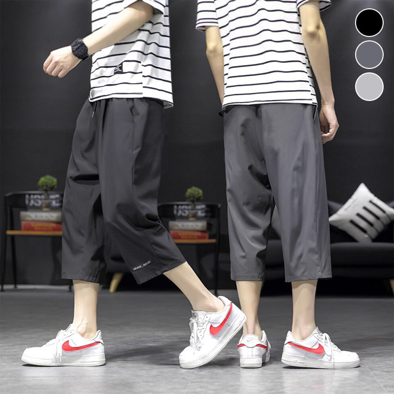 시원한 소재 여름 허리 밴딩 트레이닝 남성 7부 조거 팬츠 - 블랙