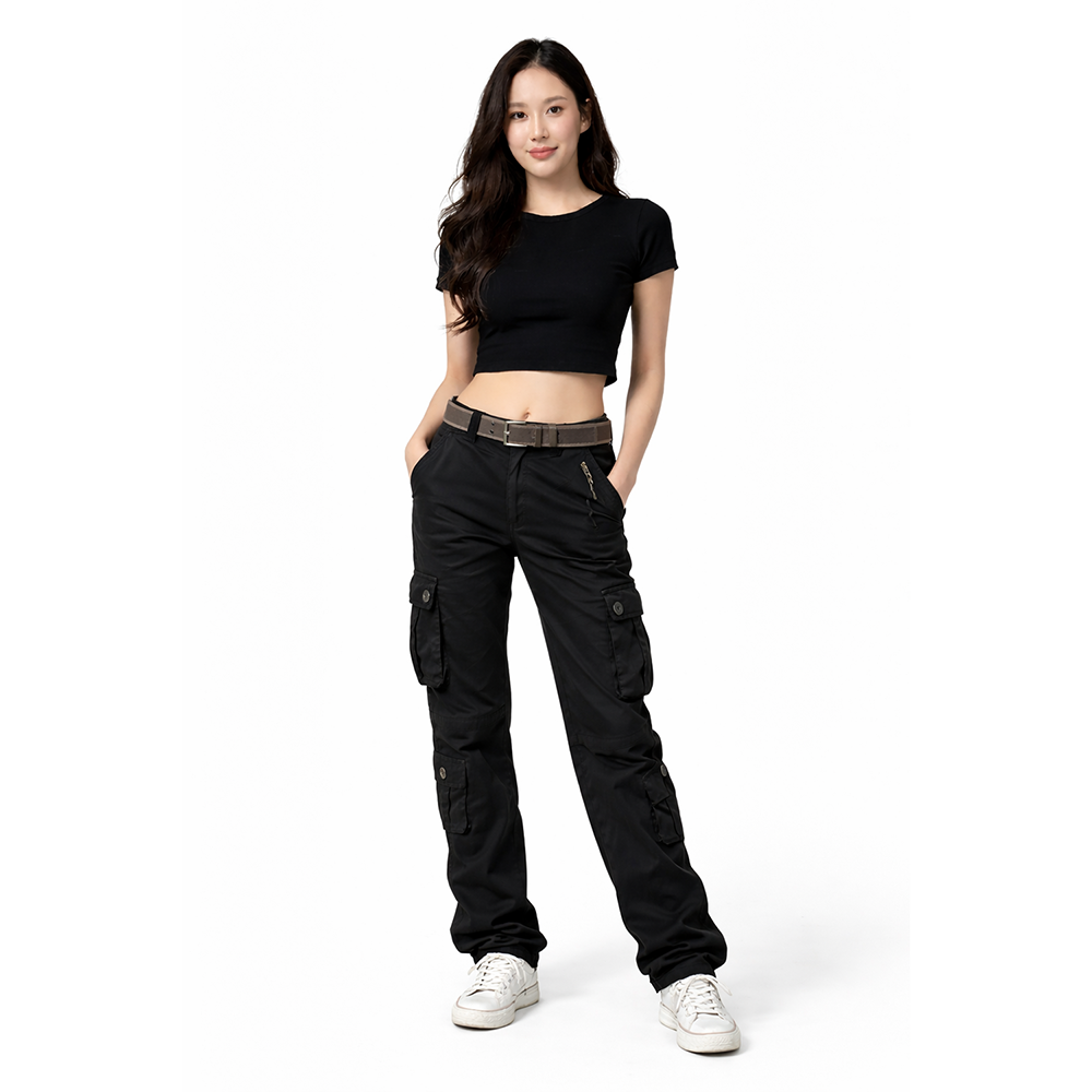 YIG 남녀공용 멀티포켓 와이드 밀리터리룩 면 카고바지 - 버건디레드