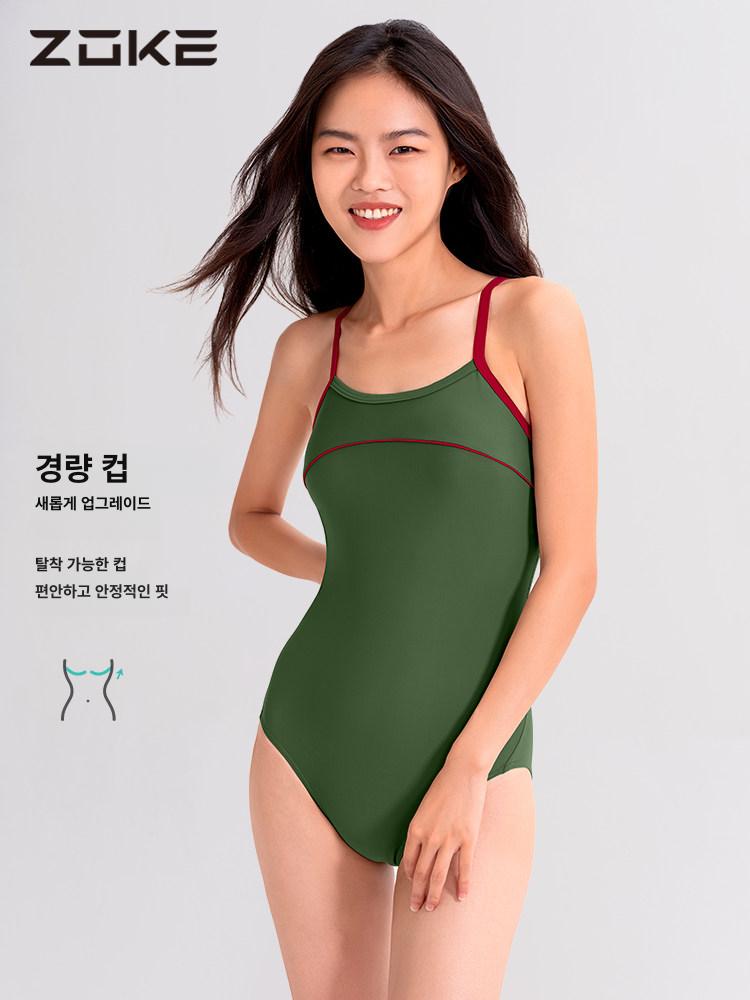 여성용 원피스 수영복 카키 심플 카키색 더블크로스백 비치 강습 비키니 모노키니 세트 실내 - 상세 이미지 4
